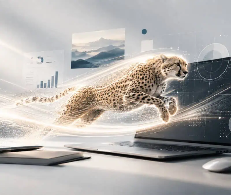 A cheetah made of glowing data streams leaps from a laptop in a futuristic workspace, symbolizing fast and accurate digital performance.