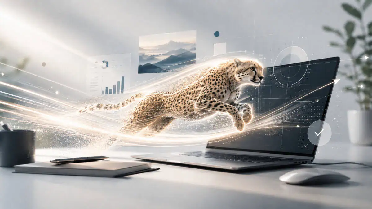 A cheetah made of glowing data streams leaps from a laptop in a futuristic workspace, symbolizing fast and accurate digital performance.
