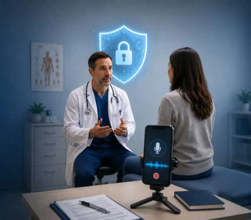 Doctor speaking with a patient in an exam room while a smartphone records their conversation, with a fractured digital privacy shield symbolizing AI medical transcription consent risks.