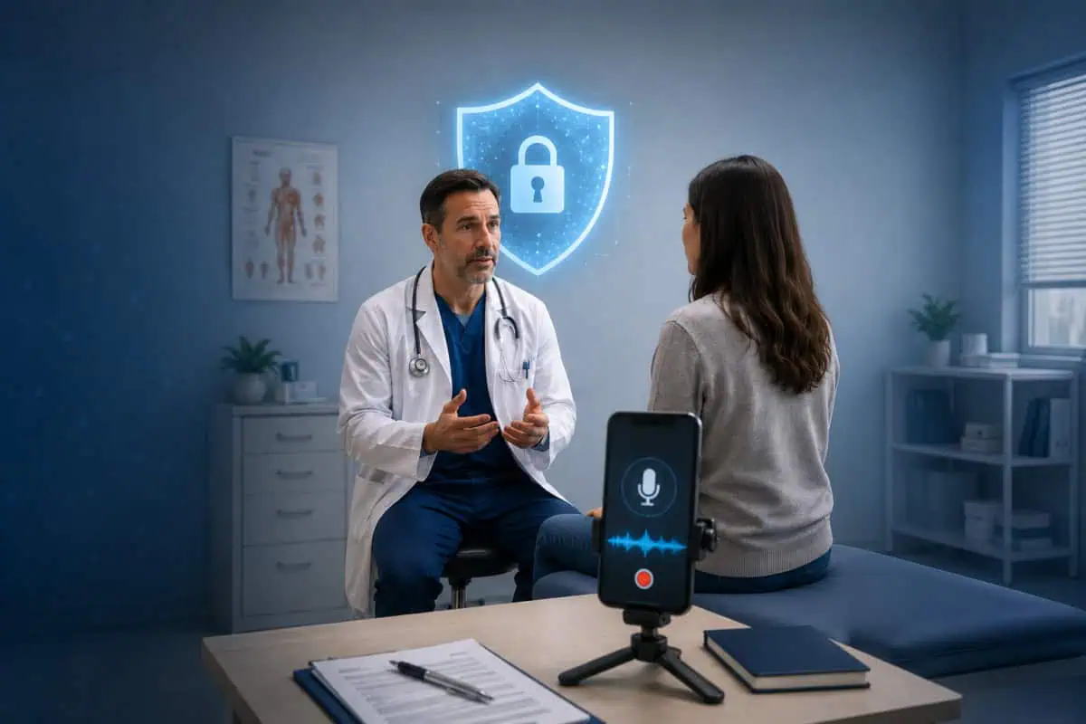 Doctor speaking with a patient in an exam room while a smartphone records their conversation, with a fractured digital privacy shield symbolizing AI medical transcription consent risks.