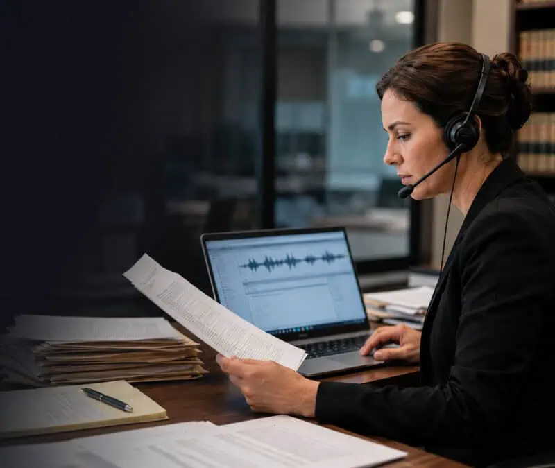 An image depicting a legal transcriptionist reviewing court documents beside a laptop in a professional office setting.