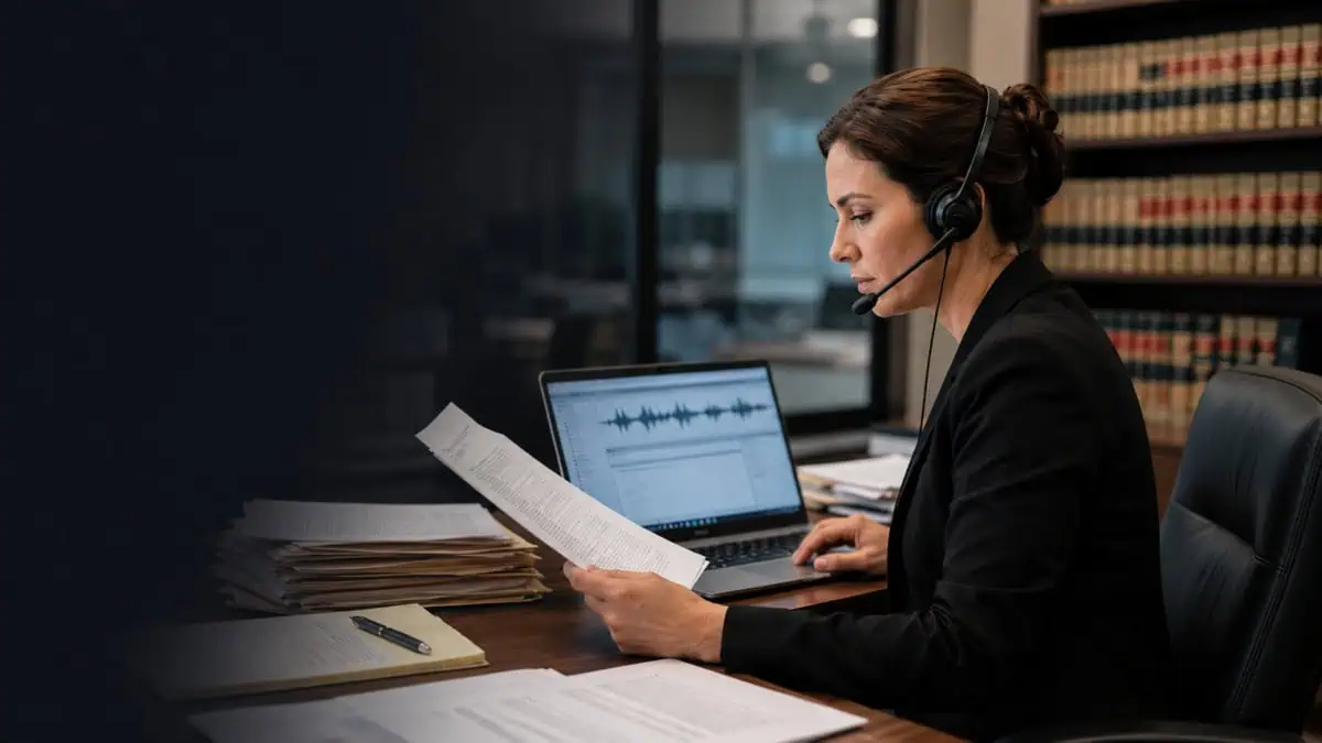 An image depicting a legal transcriptionist reviewing court documents beside a laptop in a professional office setting.