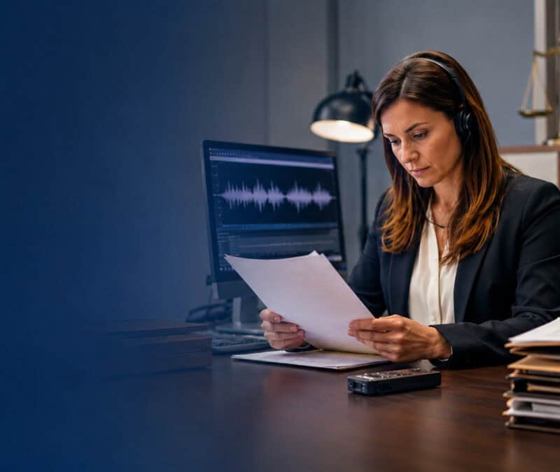 A legal transcriptionist wearing headphones reviews printed documents beside a computer displaying an audio waveform.