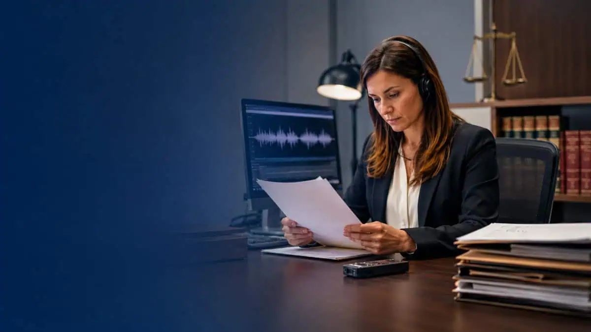 A legal transcriptionist wearing headphones reviews printed documents beside a computer displaying an audio waveform.