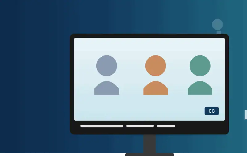 Illustration of a video call screen displaying closed captions, symbolizing ADA Title II accessibility compliance for government meetings