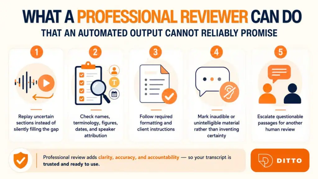 Infographic explaining five ways a professional reviewer improves transcript quality, including replaying uncertain audio, verifying names and figures, following formatting instructions, marking inaudible material, and escalating questionable passages for human review.