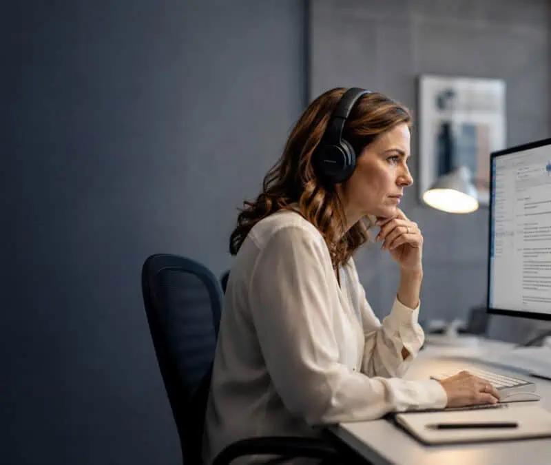 Professional transcription reviewer wearing headphones and carefully reviewing an audio transcript on a computer screen.