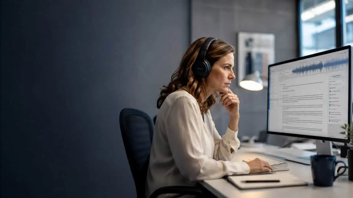 Professional transcription reviewer wearing headphones and carefully reviewing an audio transcript on a computer screen.