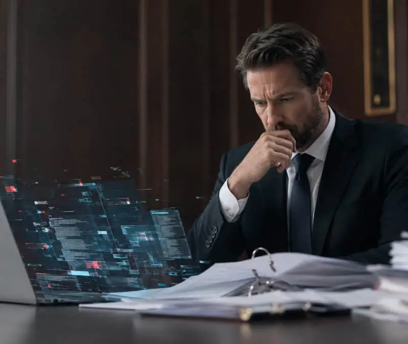Lawyer reviewing legal documents with AI-generated errors and digital data overlaysLawyer reviewing legal documents with AI-generated errors and digital data overlays