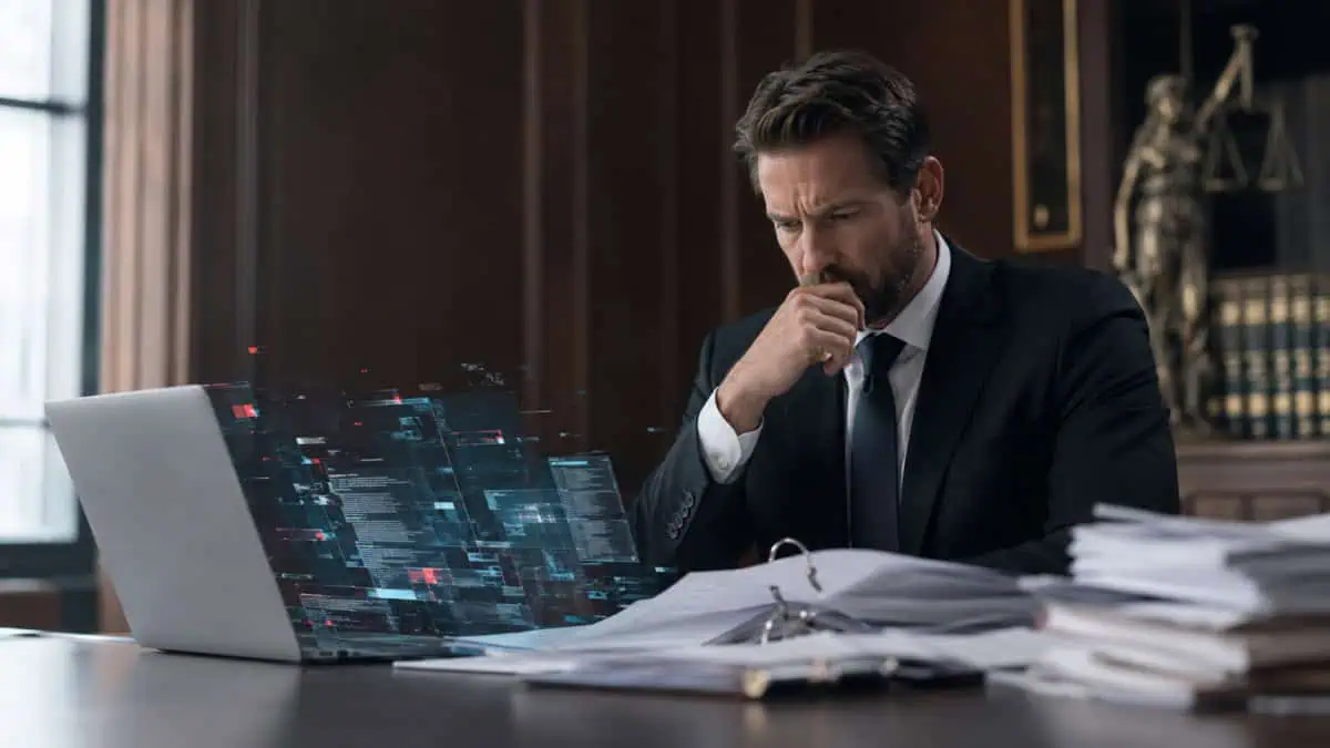 Lawyer reviewing legal documents with AI-generated errors and digital data overlaysLawyer reviewing legal documents with AI-generated errors and digital data overlays