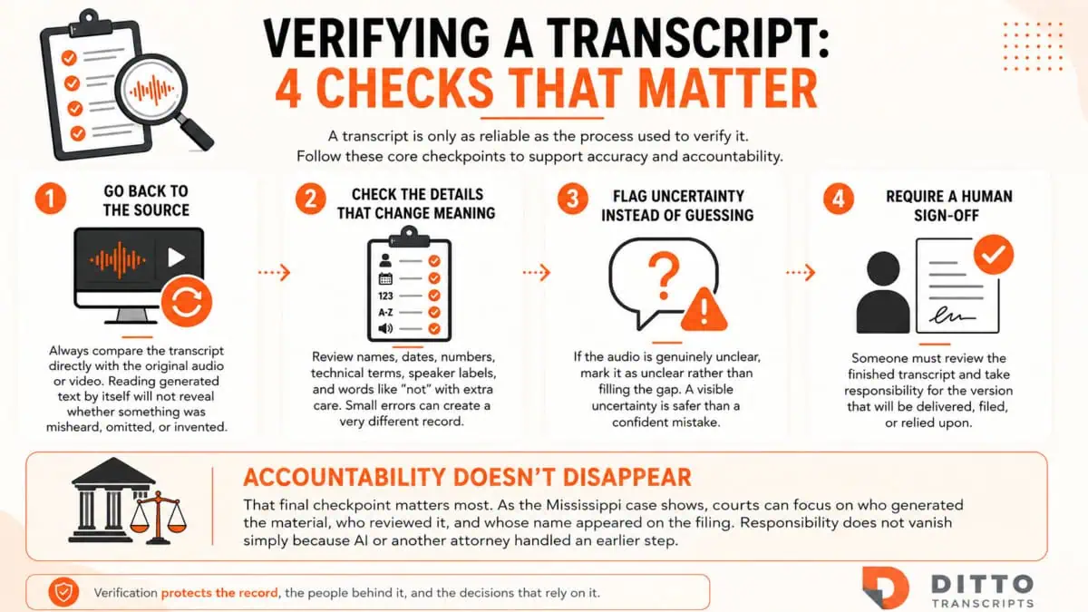 Infographic showing four transcript verification steps: compare with the original source, check details that affect meaning, flag unclear audio instead of guessing, and require human review and sign-off.