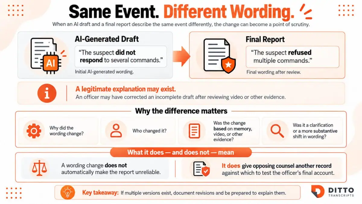 Infographic comparing an AI-generated police report draft with a final reviewed report, showing how different wording about the same event can create questions during discovery and cross-examination.