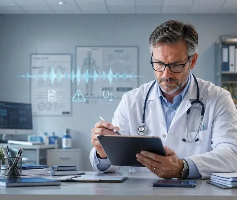 Doctor reviewing AI-generated medical records on a tablet, illustrating the risks of inaccurate ambient AI medical scribe documentation.