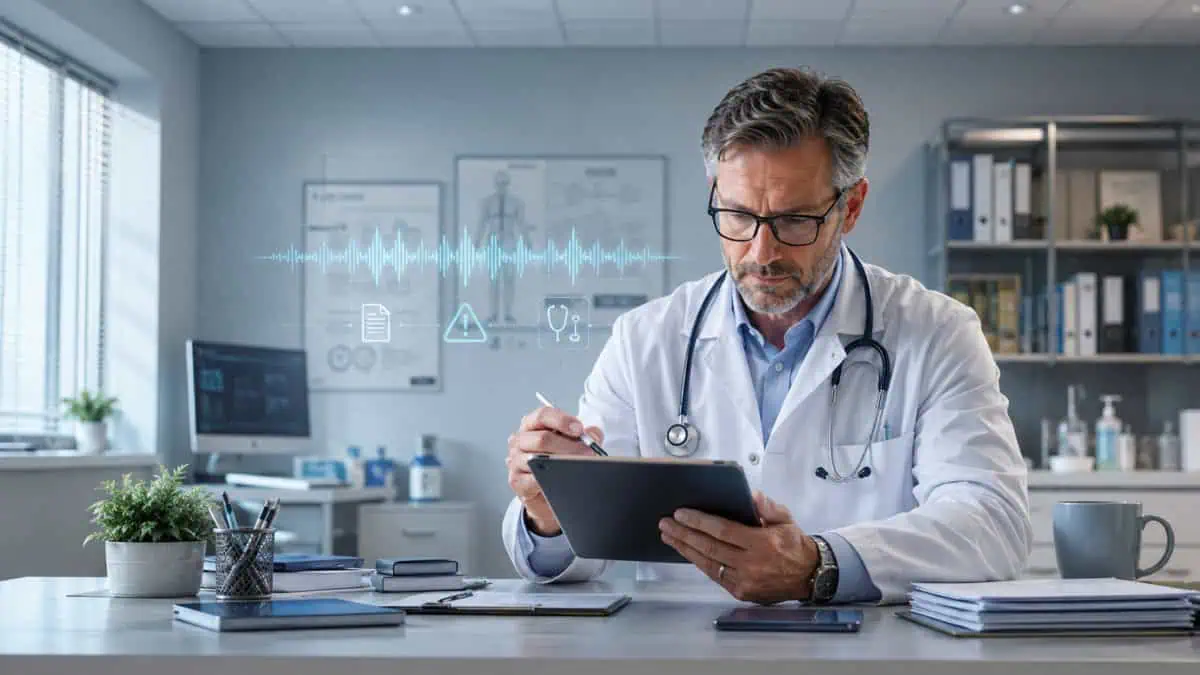 Doctor reviewing AI-generated medical records on a tablet, illustrating the risks of inaccurate ambient AI medical scribe documentation.