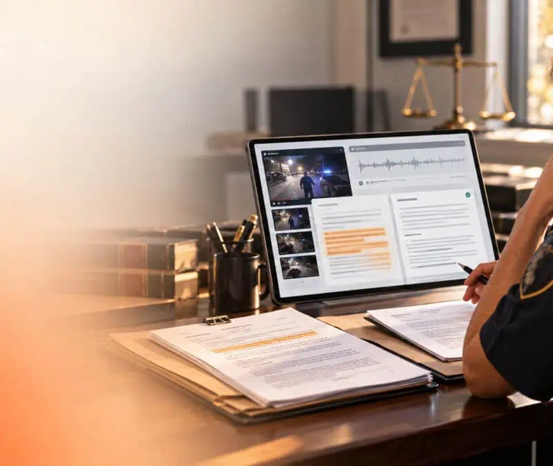 Police officer reviewing AI-assisted body-camera footage, audio, and report drafts on a computer during a case review.
