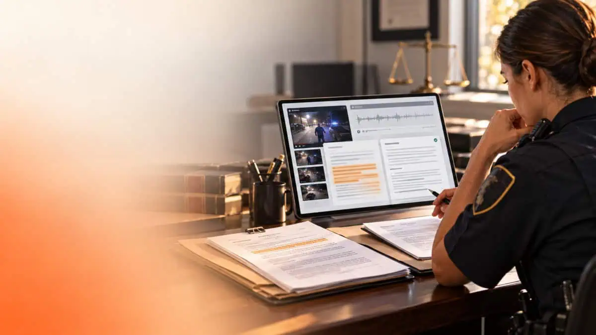 Police officer reviewing AI-assisted body-camera footage, audio, and report drafts on a computer during a case review.