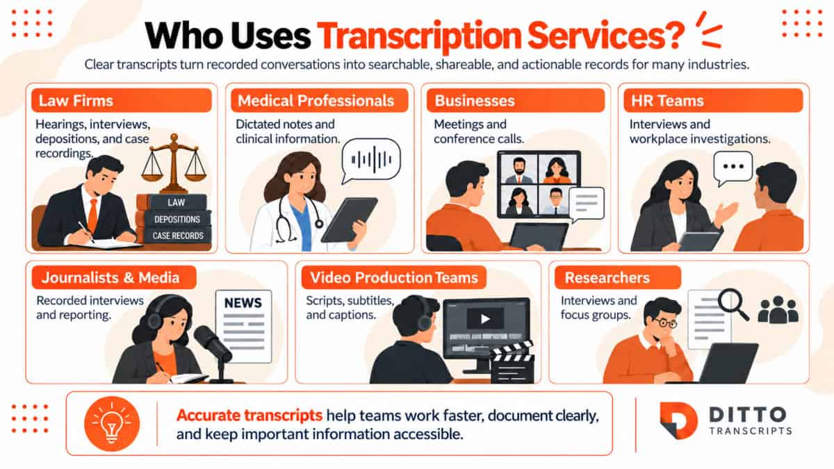 Infographic showing who uses transcription services, including law firms, medical professionals, businesses, HR teams, journalists, video production teams, and researchers.