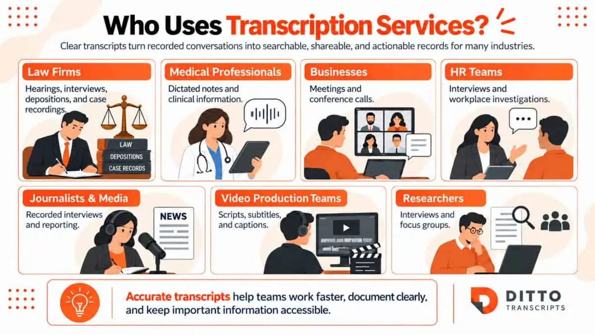 Infographic showing who uses transcription services, including law firms, medical professionals, businesses, HR teams, journalists, video production teams, and researchers.