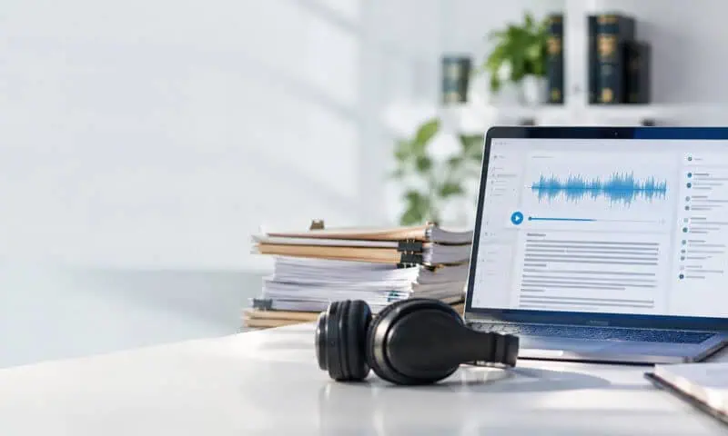 Professional transcription workspace featuring a laptop displaying an audio waveform and digital transcript, headphones, documents, and office equipment.