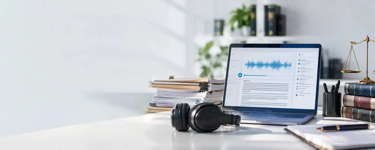Professional transcription workspace featuring a laptop displaying an audio waveform and digital transcript, headphones, documents, and office equipment.