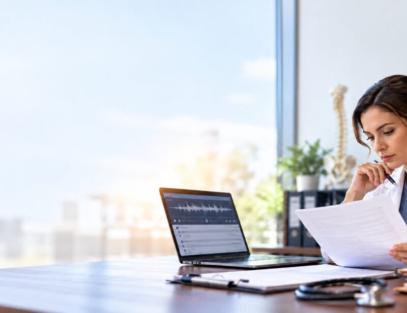 Medical professional reviewing workers’ compensation documents and IME transcripts beside a laptop displaying an audio recording, highlighting transcription accuracy.
