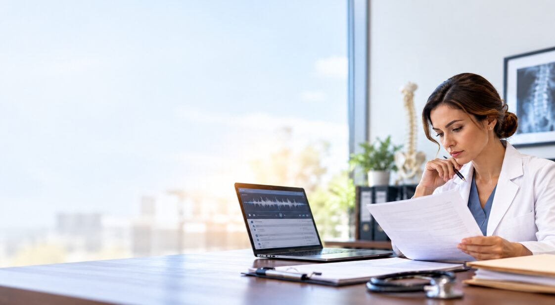 Medical professional reviewing workers’ compensation documents and IME transcripts beside a laptop displaying an audio recording, highlighting transcription accuracy.