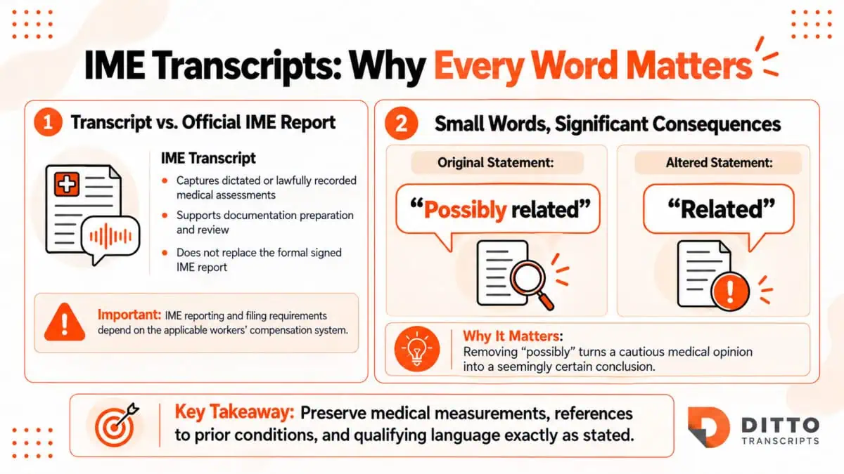 Infographic explaining why accuracy matters in IME transcripts, comparing “possibly related” with “related” and distinguishing transcripts from official IME reports.